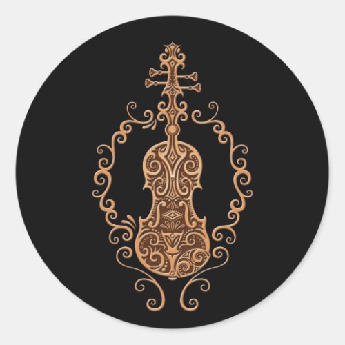 Intricate Brown Violin Design on Black Classic Round Sticker