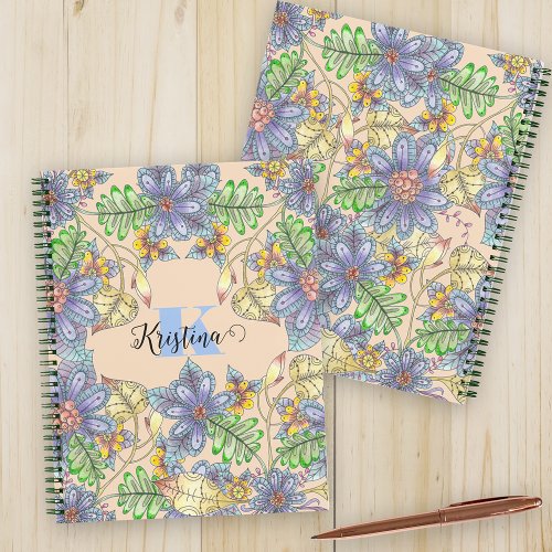 Intricate Colorful Floral Name and Initial Letter Notebook