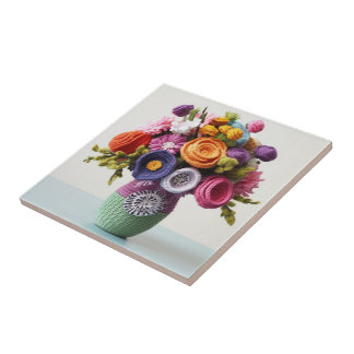 Intricate Crocheted Flower Art- Vibrant Bouquet  Ceramic Tile