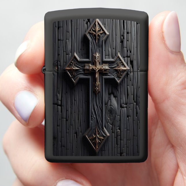 Intricate Cross Carved Into Burnt Wood Zippo Lighter (In Hand)