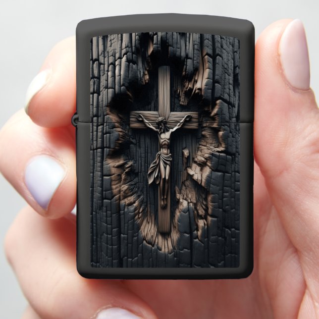 Intricate Crucifix Carved in Burnt Wood Zippo Lighter (In Hand)