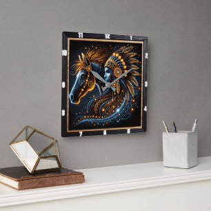 Intricate Dance of Horse and Native Warrior Spirit Square Wall Clock