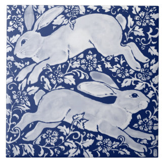 Intricate Dark Blue Rabbit Pair Floral Navy Cobalt Ceramic Tile