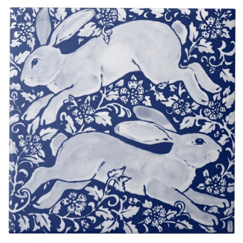 Intricate Dark Blue Rabbit Pair Floral Navy Cobalt Ceramic Tile