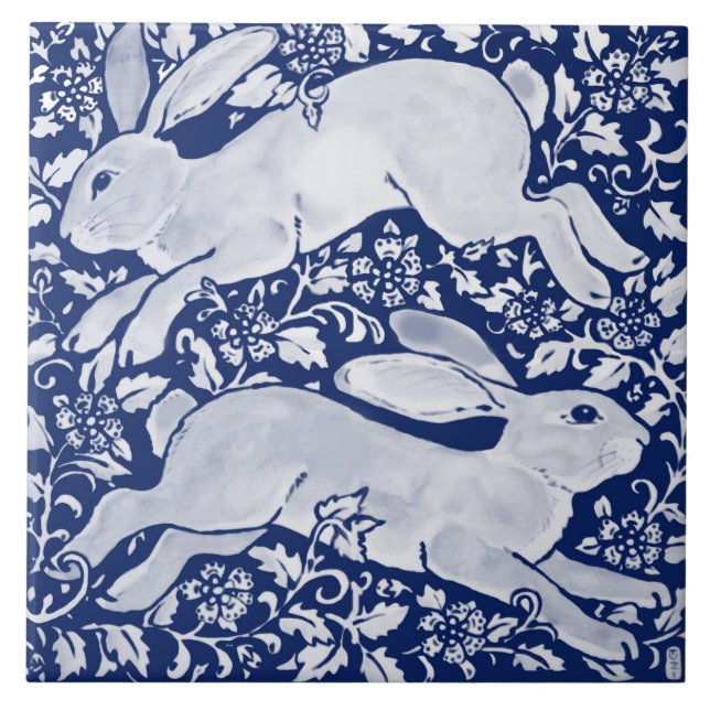 Intricate Dark Blue Rabbit Pair Floral Navy Cobalt Ceramic Tile (Front)