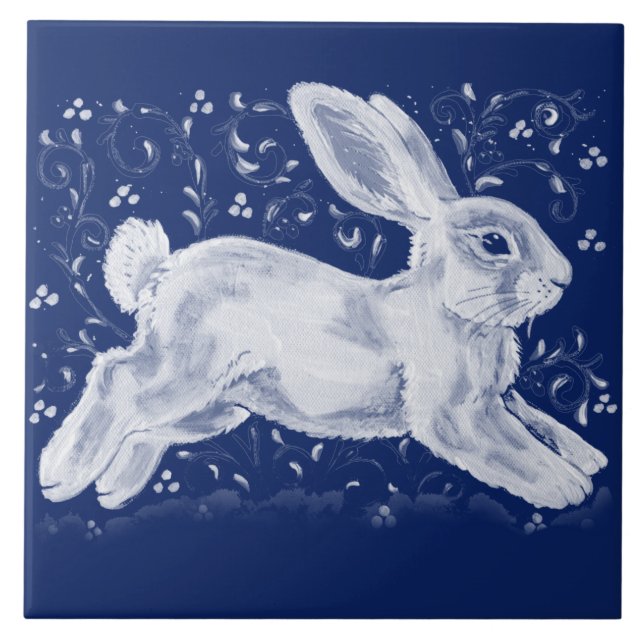 Intricate Dark Blue White Rabbit Swirl Navy Cobalt Ceramic Tile (Front)