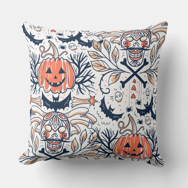 Intricate Dark Halloween Skull Pumpkin Pattern Throw Pillow (Front)
