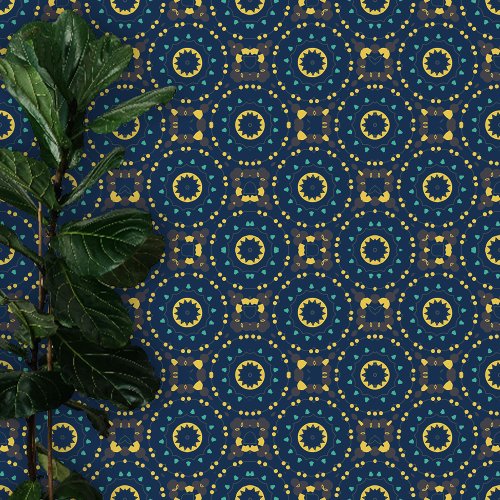 Intricate Deep Blue Teal Yellow Moroccan Geometric Wallpaper