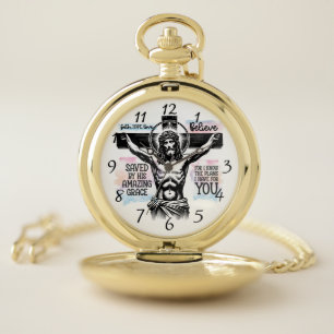 Intricate Depiction of Jesus on the Cross Pocket Watch