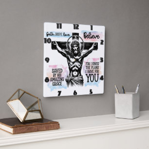 Intricate Depiction of Jesus on the Cross Square Wall Clock
