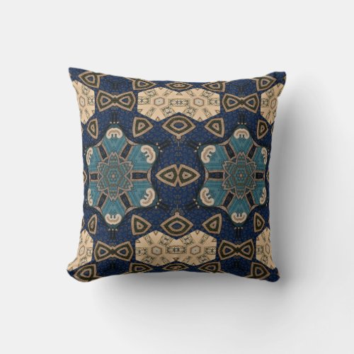 Intricate Design Shades of Blue Tan Beige Throw Pillow