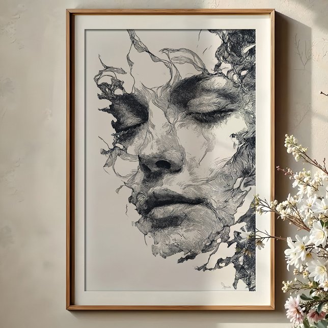 Intricate Dreams: Monochrome Line Art Portrait Poster (Creator Uploaded)