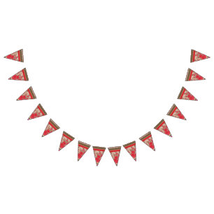 Intricate fabric design featuring floral patterns  bunting flags