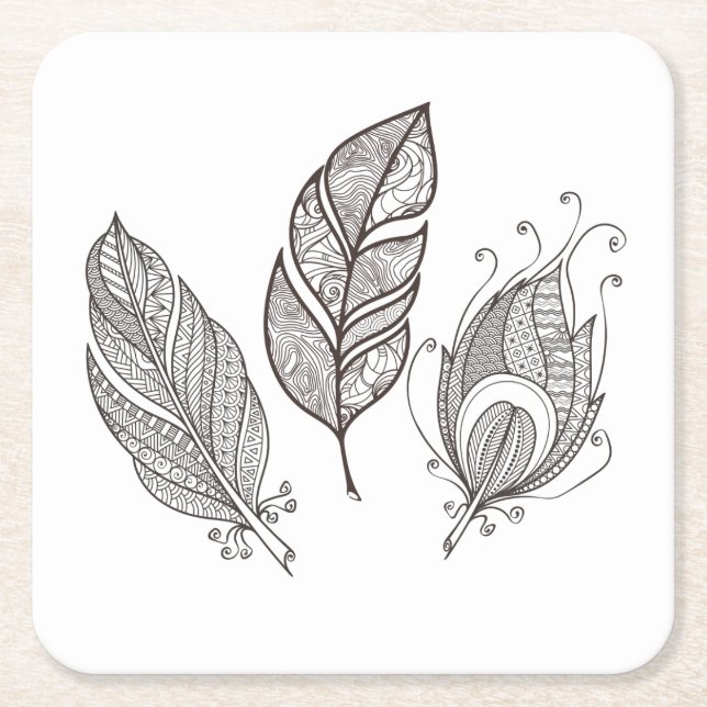 Intricate Feather Doodle Square Paper Coaster (Front)