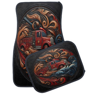 Intricate Fire Truck on Leather Art Car Floor Mat
