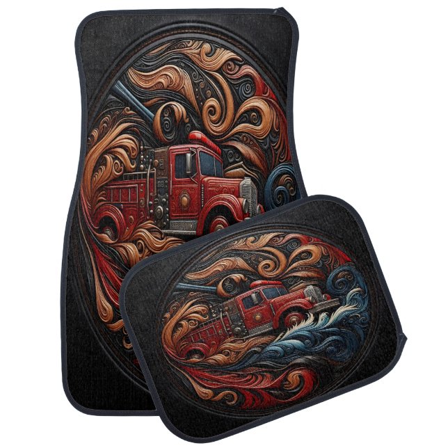 Intricate Fire Truck on Leather Art Car Floor Mat (Set)