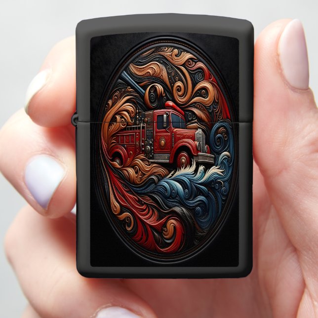 Intricate Fire Truck on Leather Art Zippo Lighter (In Hand)