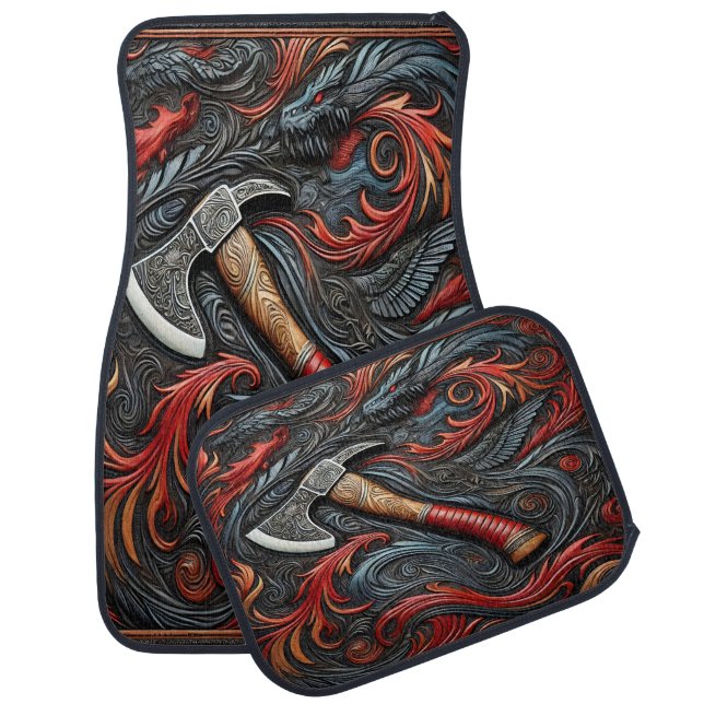Intricate Fireman's Axe Amidst Swirling Designs Car Floor Mat (Set)