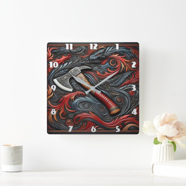 Intricate Fireman's Axe Amidst Swirling Designs Square Wall Clock (Home)