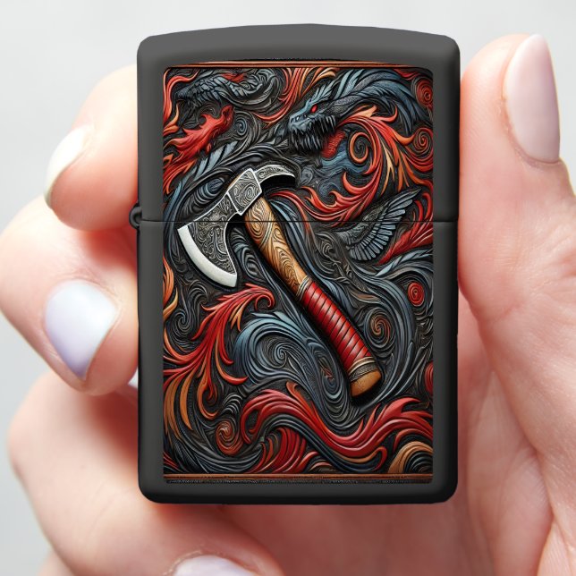 Intricate Fireman's Axe Amidst Swirling Designs Zippo Lighter (In Hand)