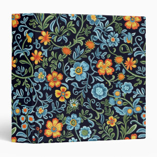 Intricate Floral Art: Blue and Orange Flowers 3 Ring Binder