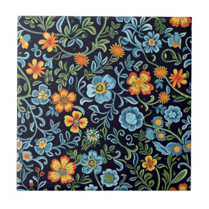 Intricate Floral Art: Blue and Orange Flowers Ceramic Tile