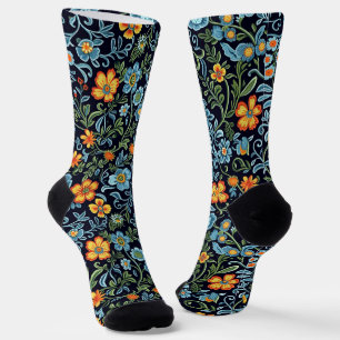 Intricate Floral Art: Blue and Orange Flowers  Socks