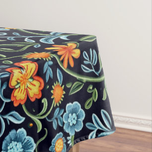 Intricate Floral Art: Blue and Orange Flowers  Tablecloth