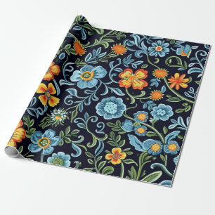 Intricate Floral Art: Blue and Orange Flowers Wrapping Paper