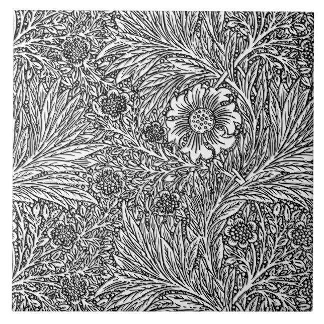 Intricate Floral Design in Black and White Ceramic Tile (Front)