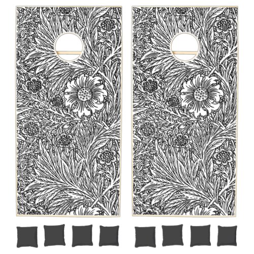 Intricate Floral Design in Black and White Cornhole Set
