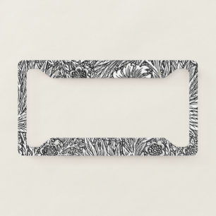 Intricate Floral Design in Black and White License Plate Frame