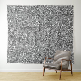 Intricate Floral Design in Black and White Tapestry