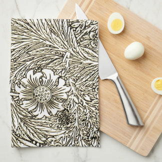 Intricate Floral Design in Brown  and White Kitchen Towel