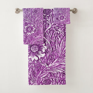 Intricate Floral Design in Purple Hues and White Bath Towel Set