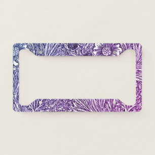 Intricate Floral Design in Purple Hues and White License Plate Frame