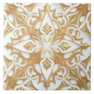 Intricate Floral Pattern Ceramic Tile White Gold