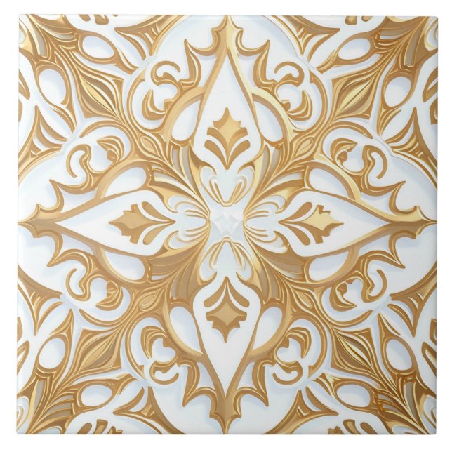 Intricate Floral Pattern Ceramic Tile White Gold (Front)