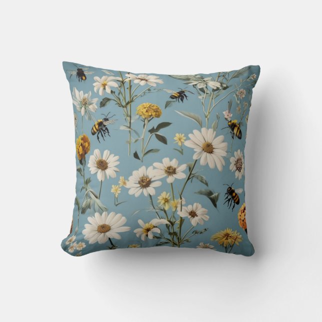 Intricate Floral Pattern With Bees. Throw Pillow (Front)