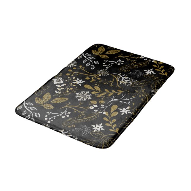 Intricate floral pattern with gold and white  bath mat (Angled)