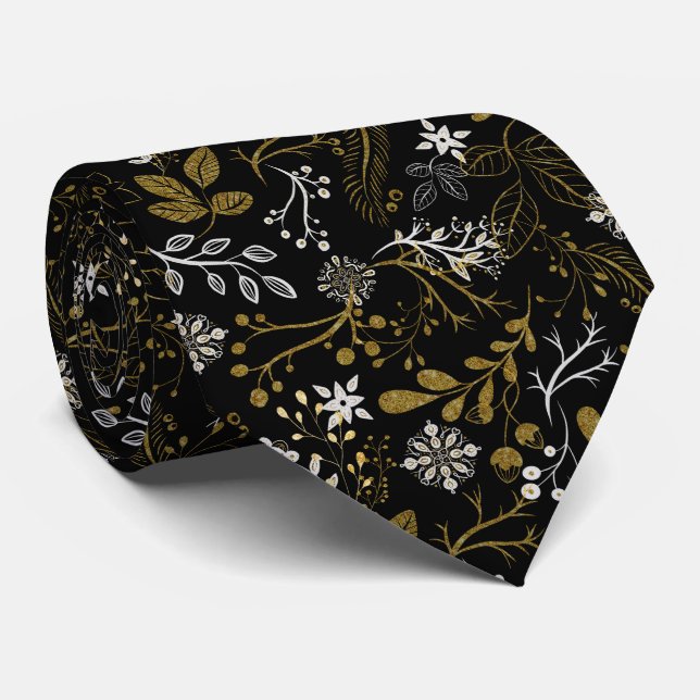 Intricate floral pattern with gold and white  neck tie (Rolled)
