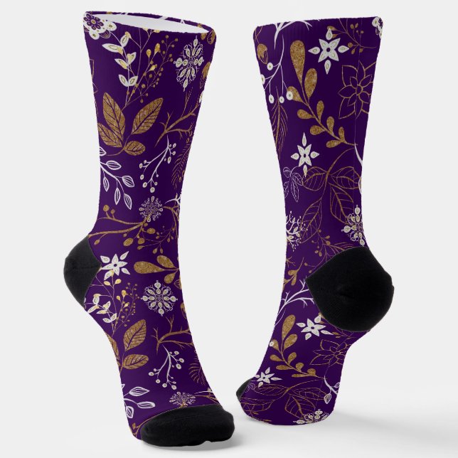 Intricate floral pattern with gold and white  socks (Angled)