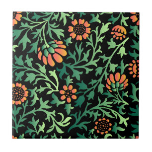 Intricate Floral Pattern with Green Leaves Ceramic Tile