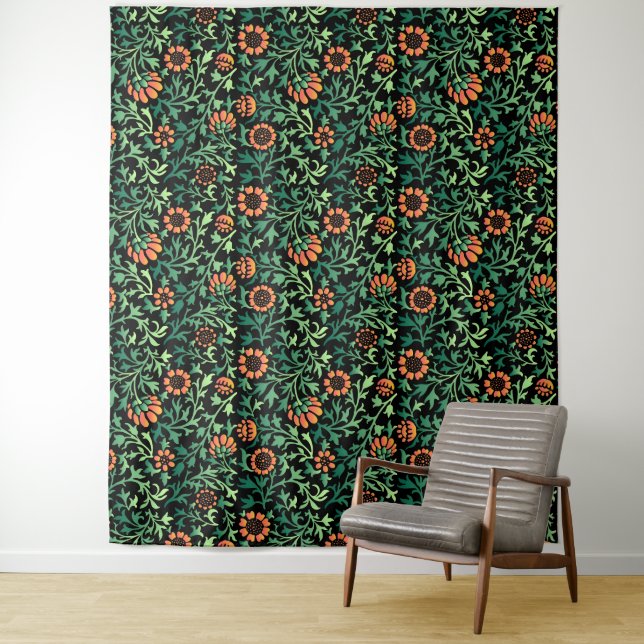 Intricate Floral Pattern with Green Leaves Tapestry (In Situ)