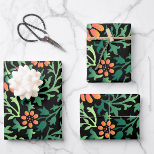 Intricate Floral Pattern with Green Leaves Wrapping Paper Sheets