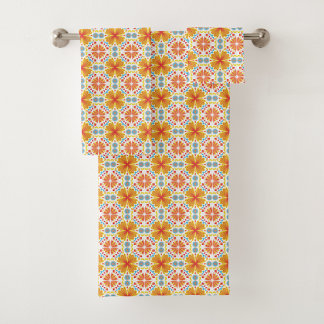 intricate floral patterns in orange, yellow, blue  bath towel set