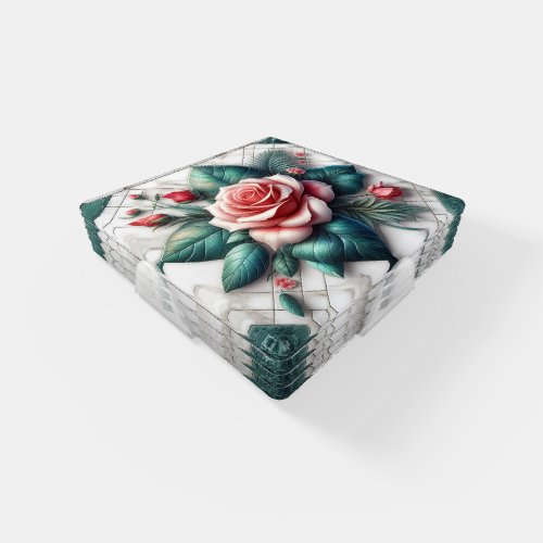 Intricate Floral Rose Mosaic Artwork Coaster Set