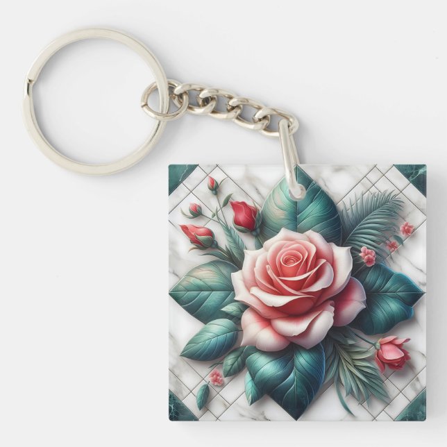 Intricate Floral Tile Mosaic Artwork Keychain (Front)
