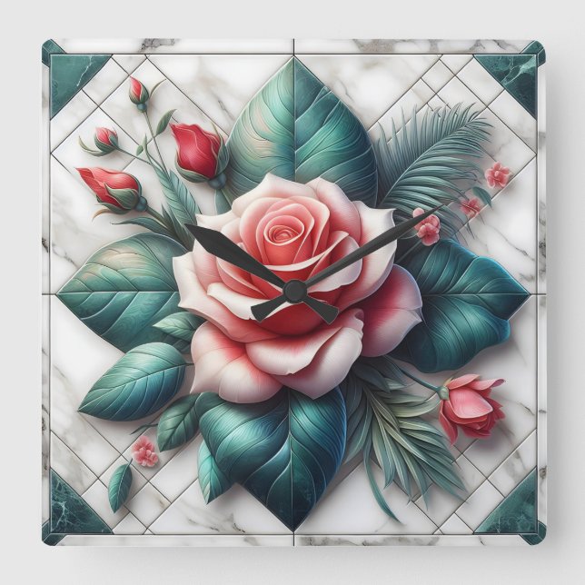 Intricate Floral Tile Mosaic Artwork Square Wall Clock (Front)