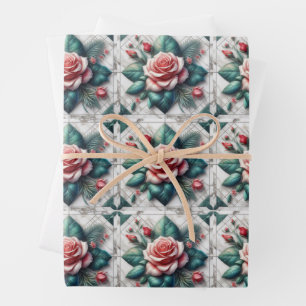 Intricate Floral Tile Mosaic Artwork Wrapping Paper Sheets